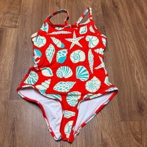Hanna Andersson Womens Red Seashell One Piece Swim Suit High Cut Leg Size Small